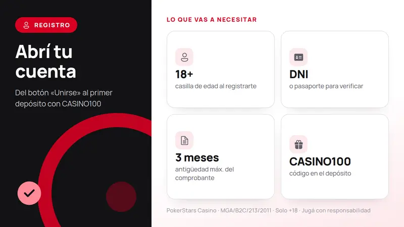 Registro en PokerStars: edad, documento, comprobante y código CASINO100