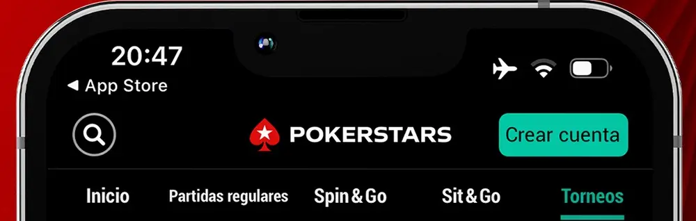 Parte superior de la app de PokerStars con el botón verde Crear cuenta